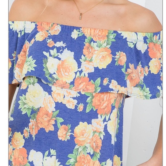 So cute! Tropical blue FLORAL PRINT OFF SHOULDER RUFFLE w/POCKET mini DRESS, NWT - Picture 8 of 15